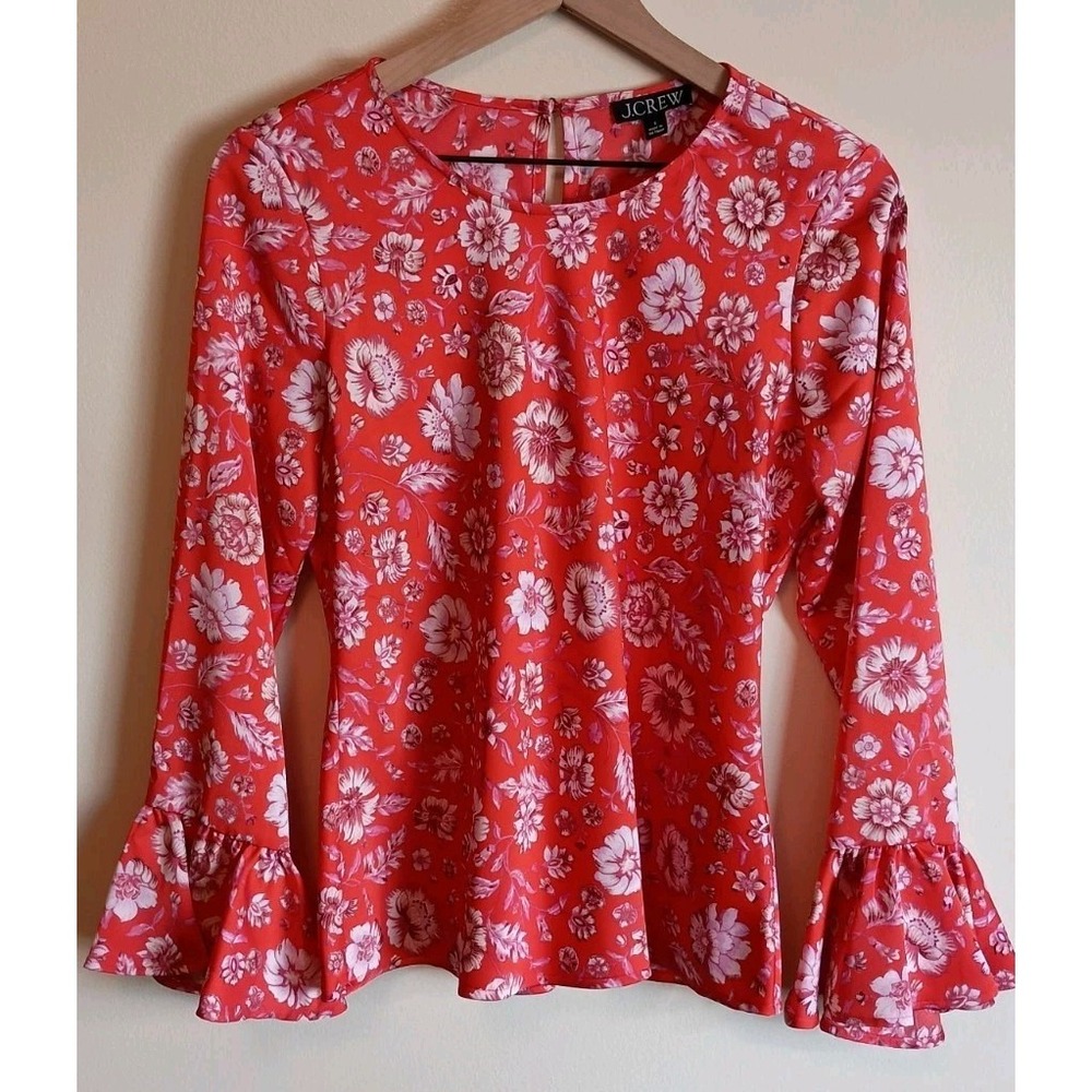 J.Crew NWT Floral Satin Blouse Top Sz S Ruffle Bell Sleeve Pink Coral
